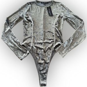 NWT One Clothing charcoal grey sporty velvet long sleeve bodysuit S